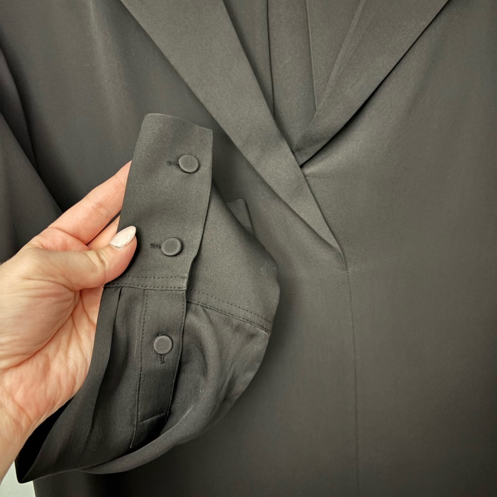 FRAME Black Silk Blouse Collared V Neck Popover Top Long Sleeve Small - Picture 7 of 11
